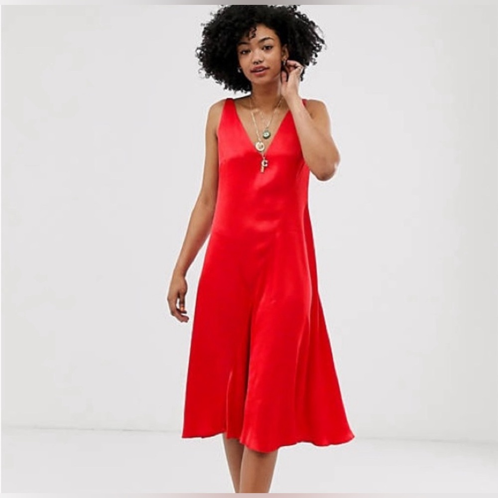 NWT & Other Stories Red Bias Cut Sleeveless Midi Dress  Vacation Rayon Size 12
